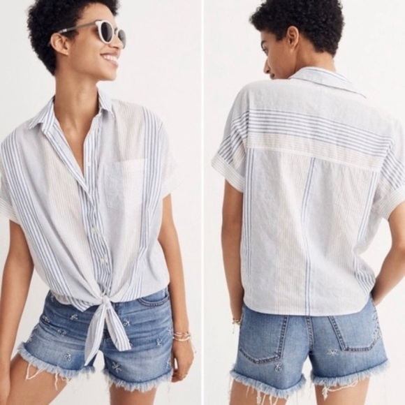 Madewell Tops - Madewell S Short-Sleeve Tie-Front Shirt in Rawley Stripe J1080